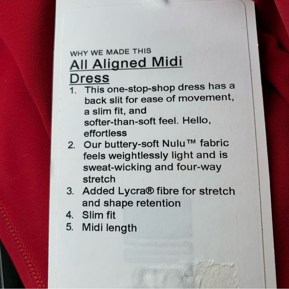 NWT Women’s LULULEMON Aligned Red Midi Dress, Sz 6 Fourth of July - Picture 4 of 4
